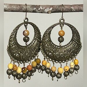 Hand Crafted Antique Brass and Yellow Beaded Earrings